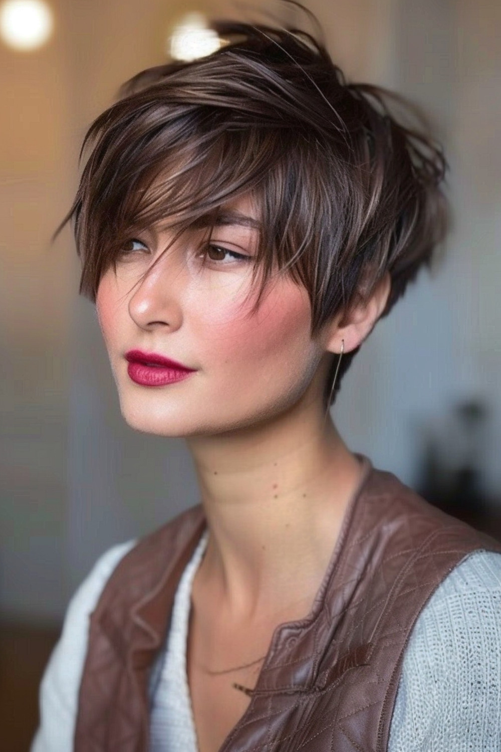 Angled shaggy pixie with long bangs