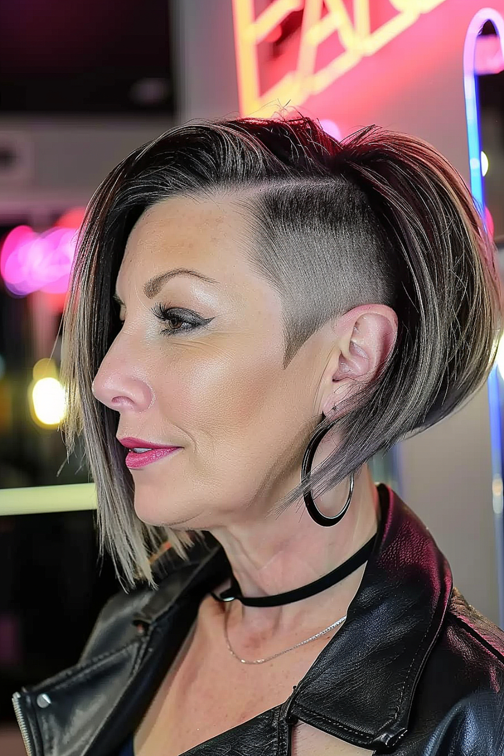 Bold asymmetrical undercut bob with longer layers on one side.