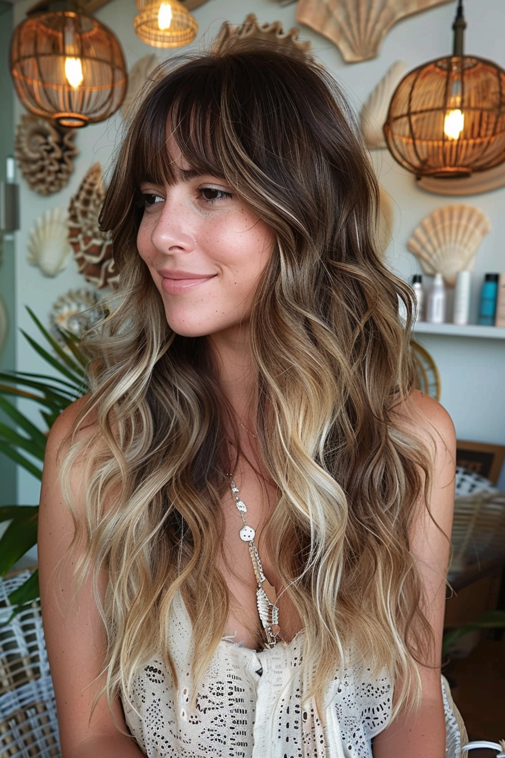 Beachy waves with bangs