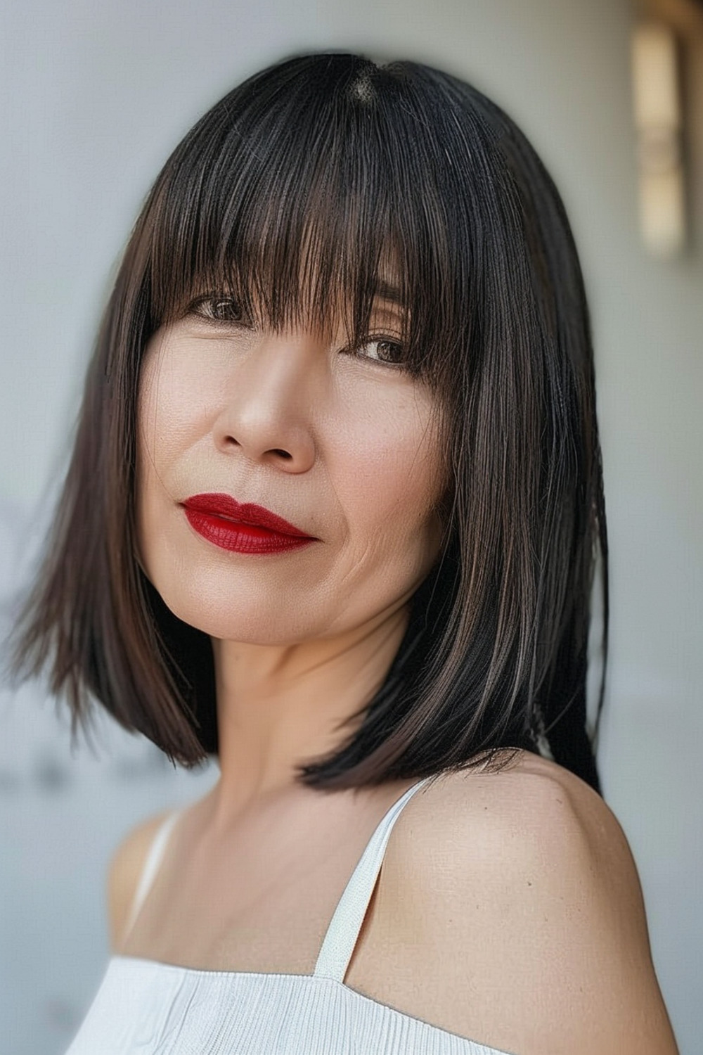 Blunt bangs with sassy layered lob for women over 40