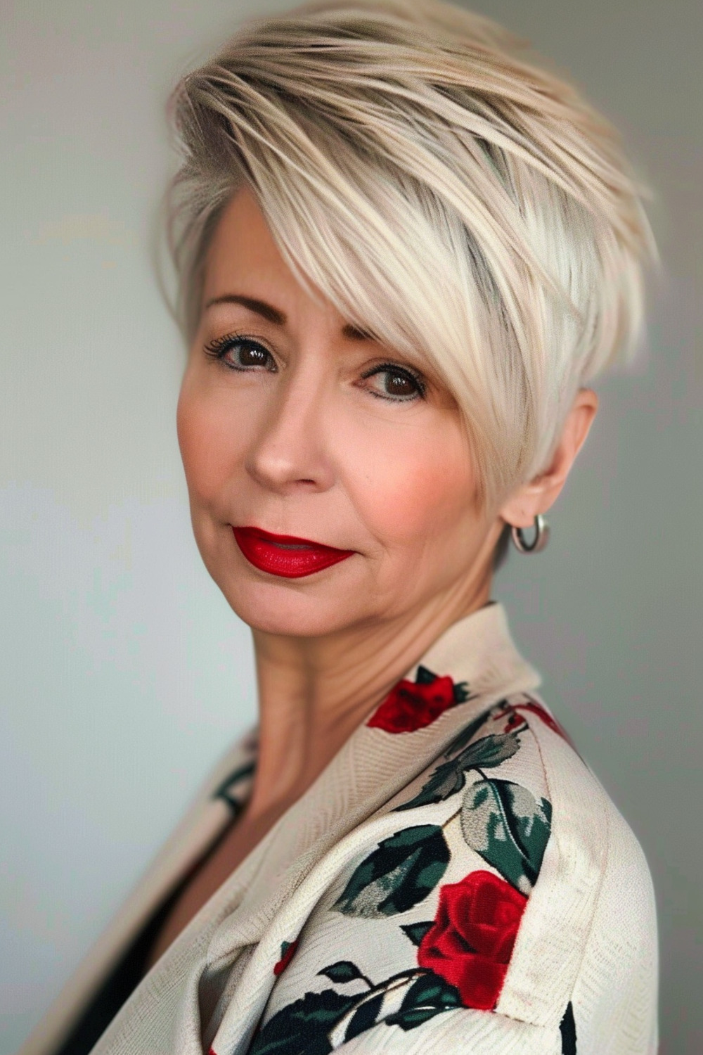 Bold bangs with asymmetrical pixie for women over 50
