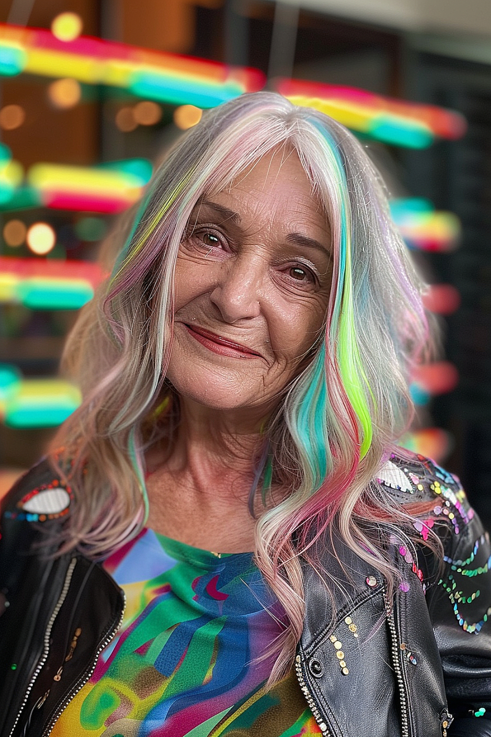 Woman over 60 with medium-length silver hair featuring vibrant pink, blue, and green streaks