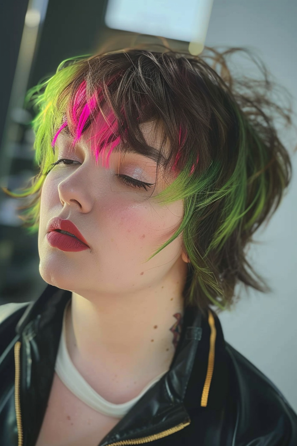 Bold shaggy pixie with neon streaks