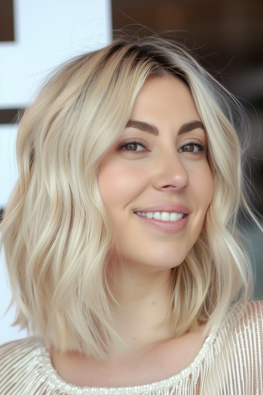 Bright blonde lob with subtle waves