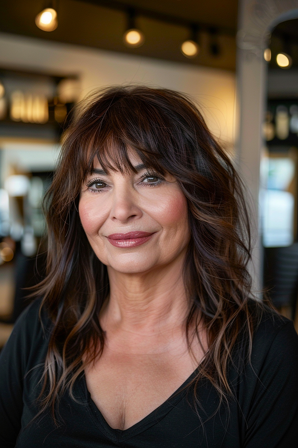 Brunette hair with bangs for older women