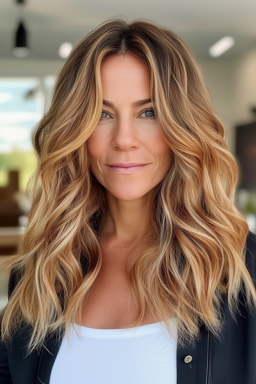 Caramel blonde waves for women over 40