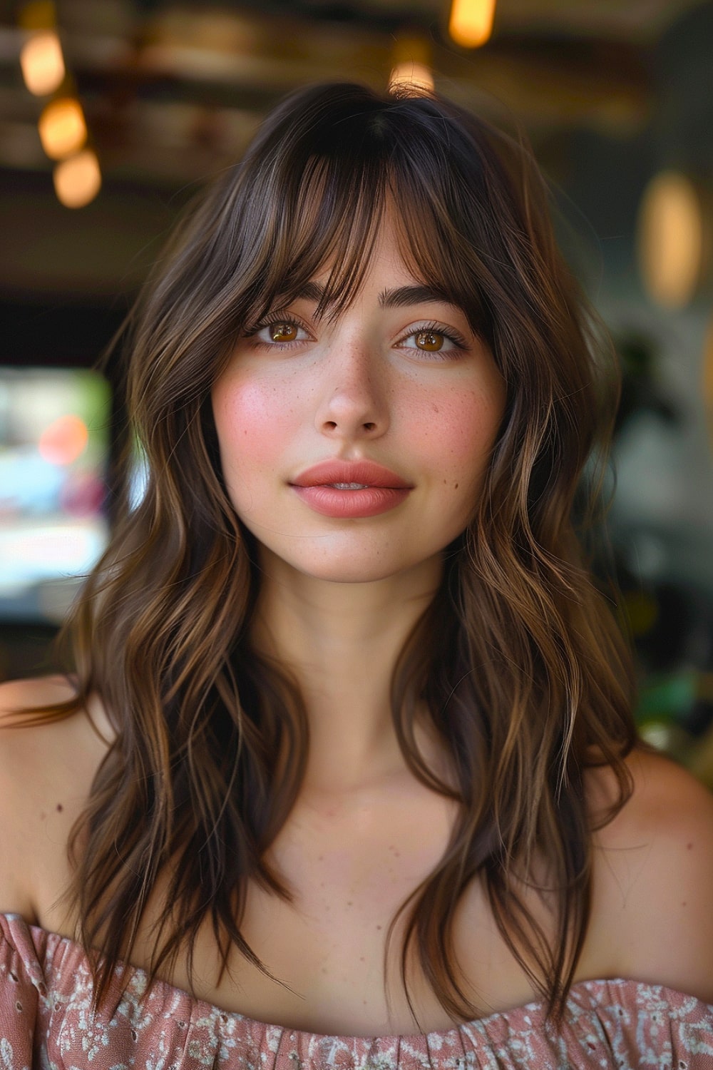 Caramel highlights on dark brown hair with curtain bangs