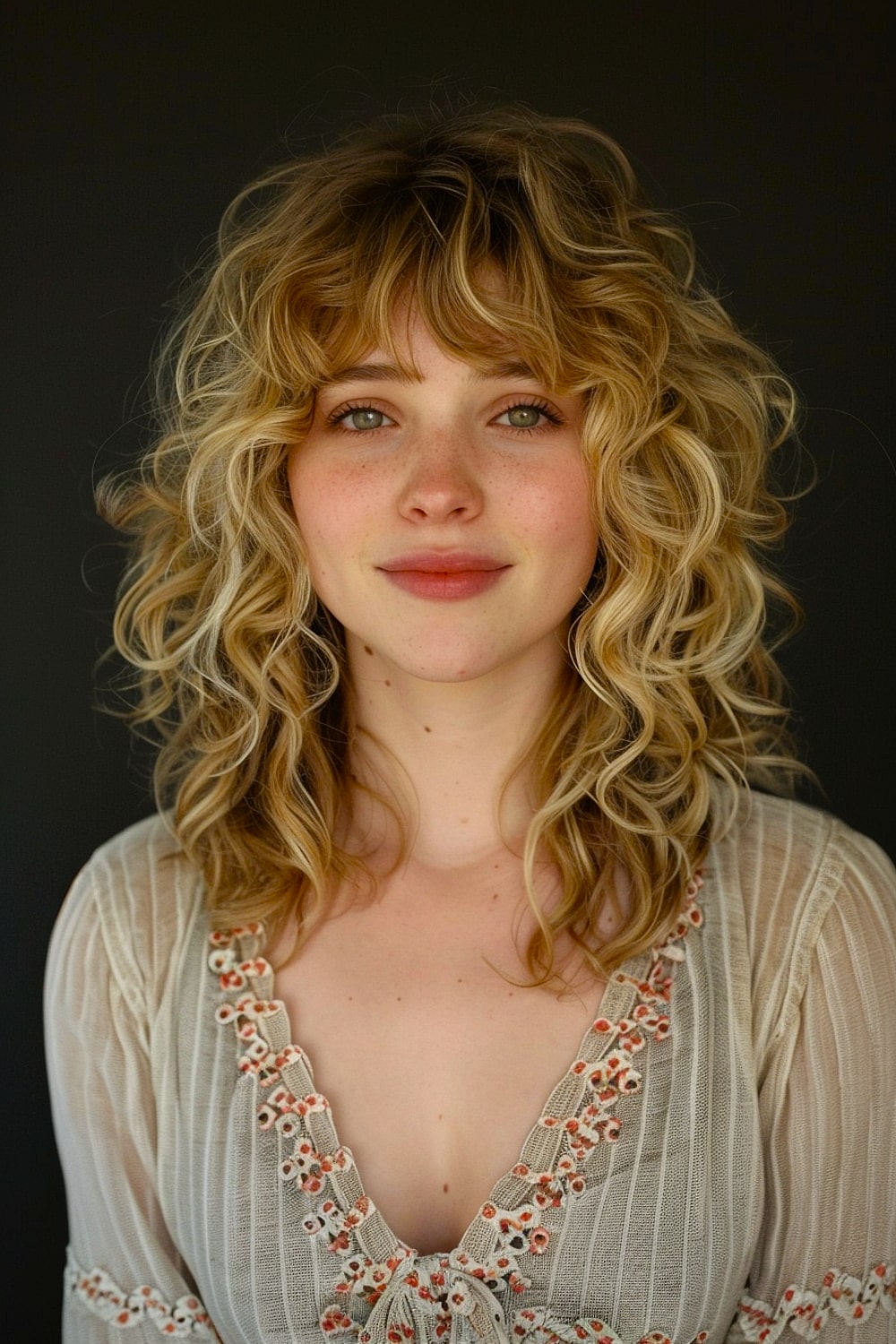 Cute curly hairstyle with bangs