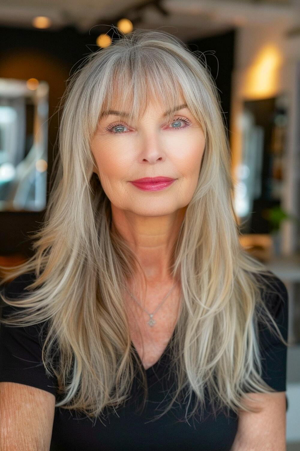 Long hairstyle for women over 60 with bangs
