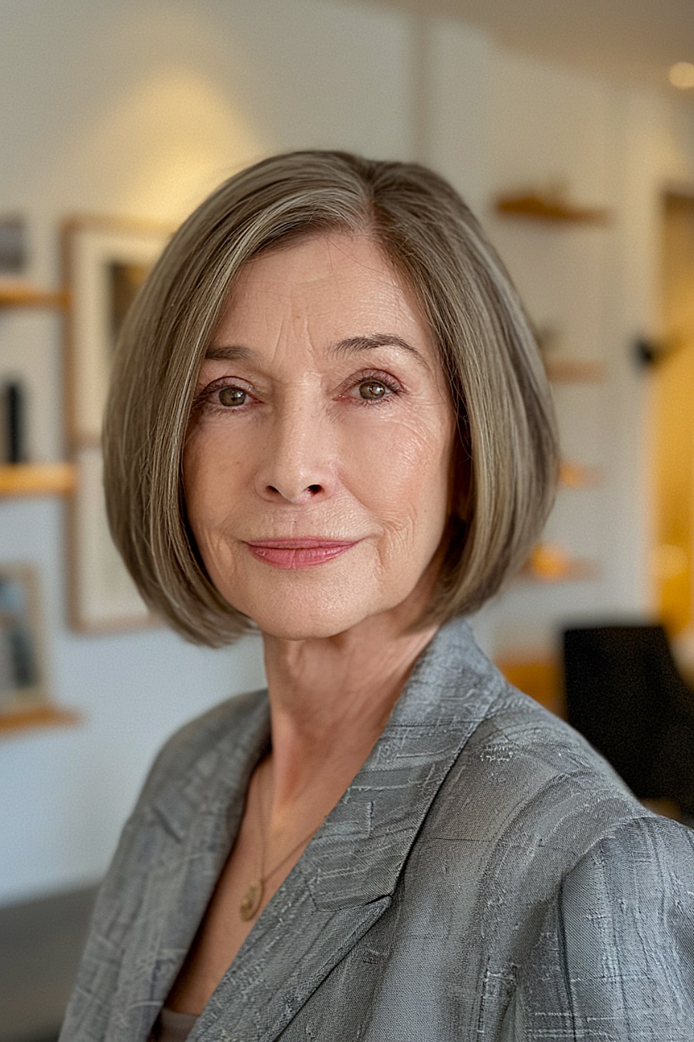 Chin-length blunt cut with softened edges for women over 60