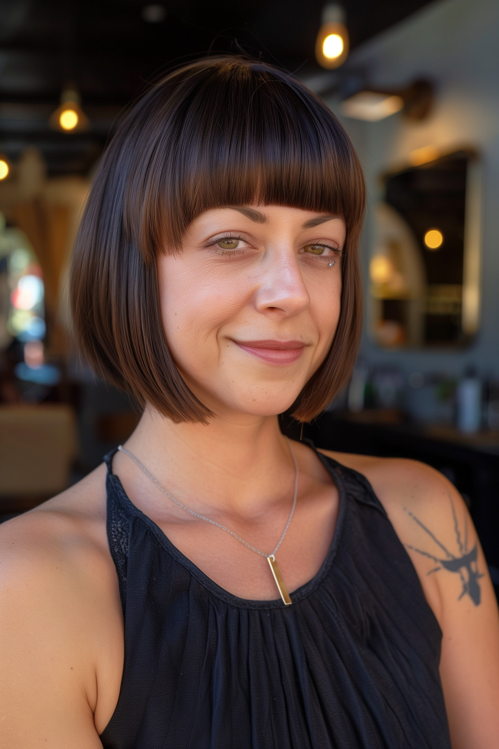 Chin-length bob with blunt fringe and sleek finish