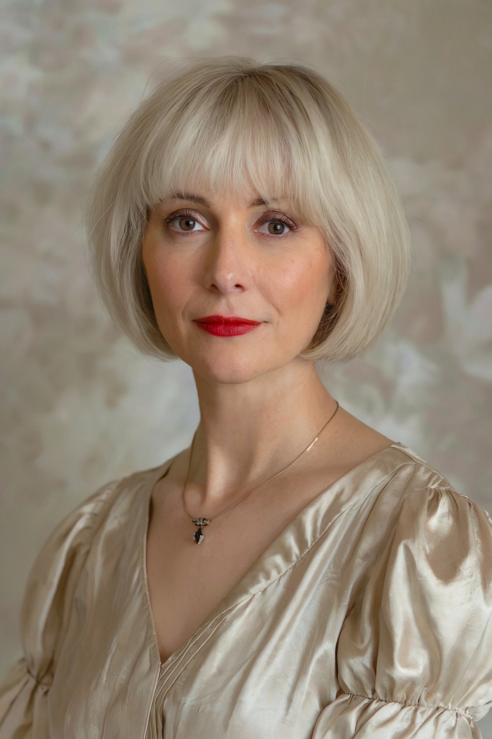 Chin-length bob with glossy finish and full bangs