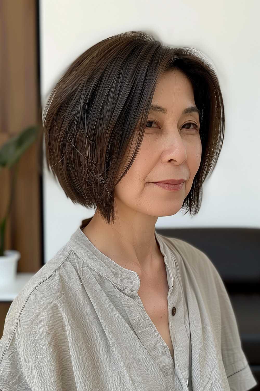 Chin-length bob with razor cut ends for women over 50