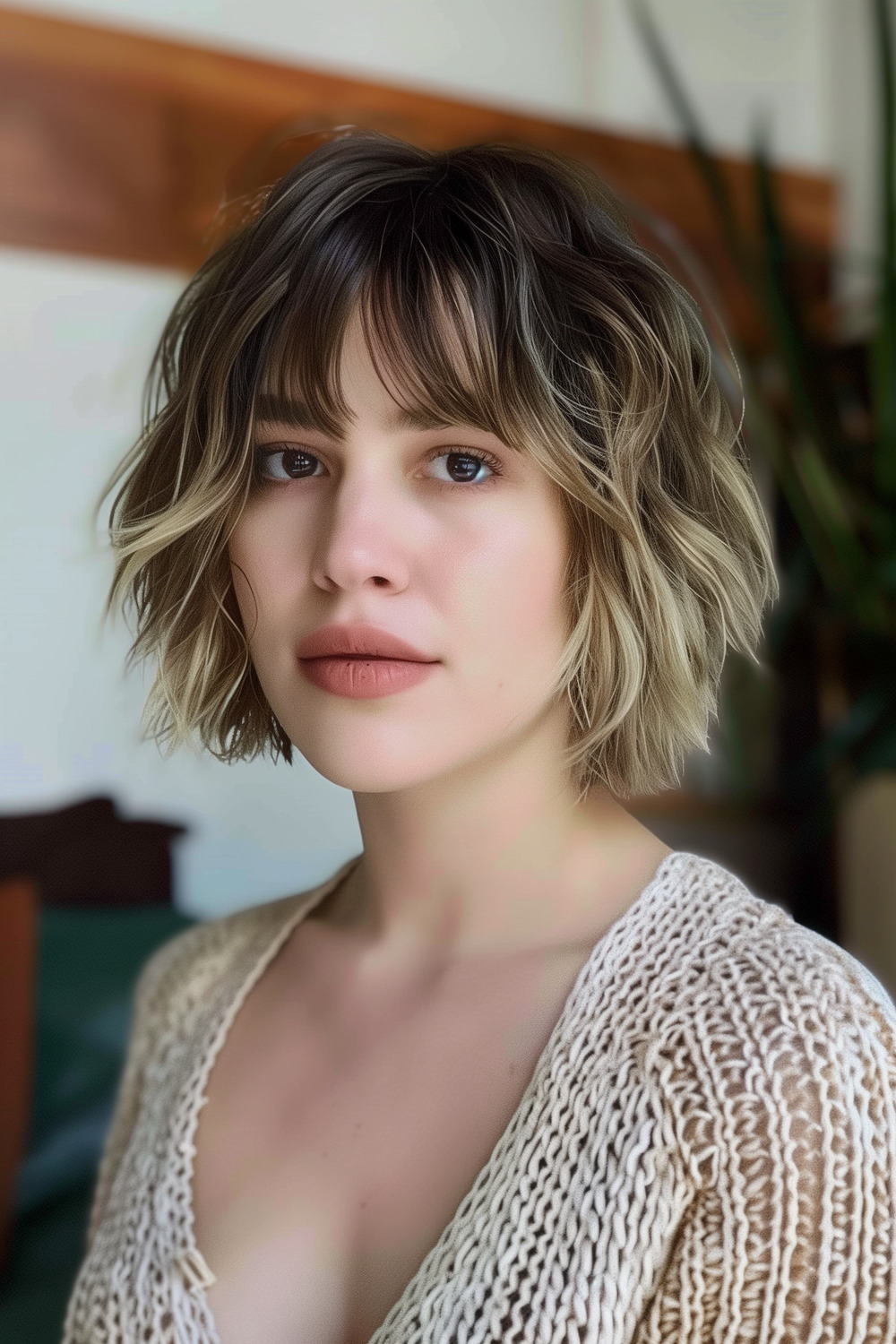 Chin-length bob with soft waves and wispy bangs