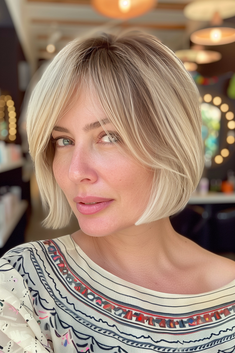 Chin-length layered bob with curtain bangs