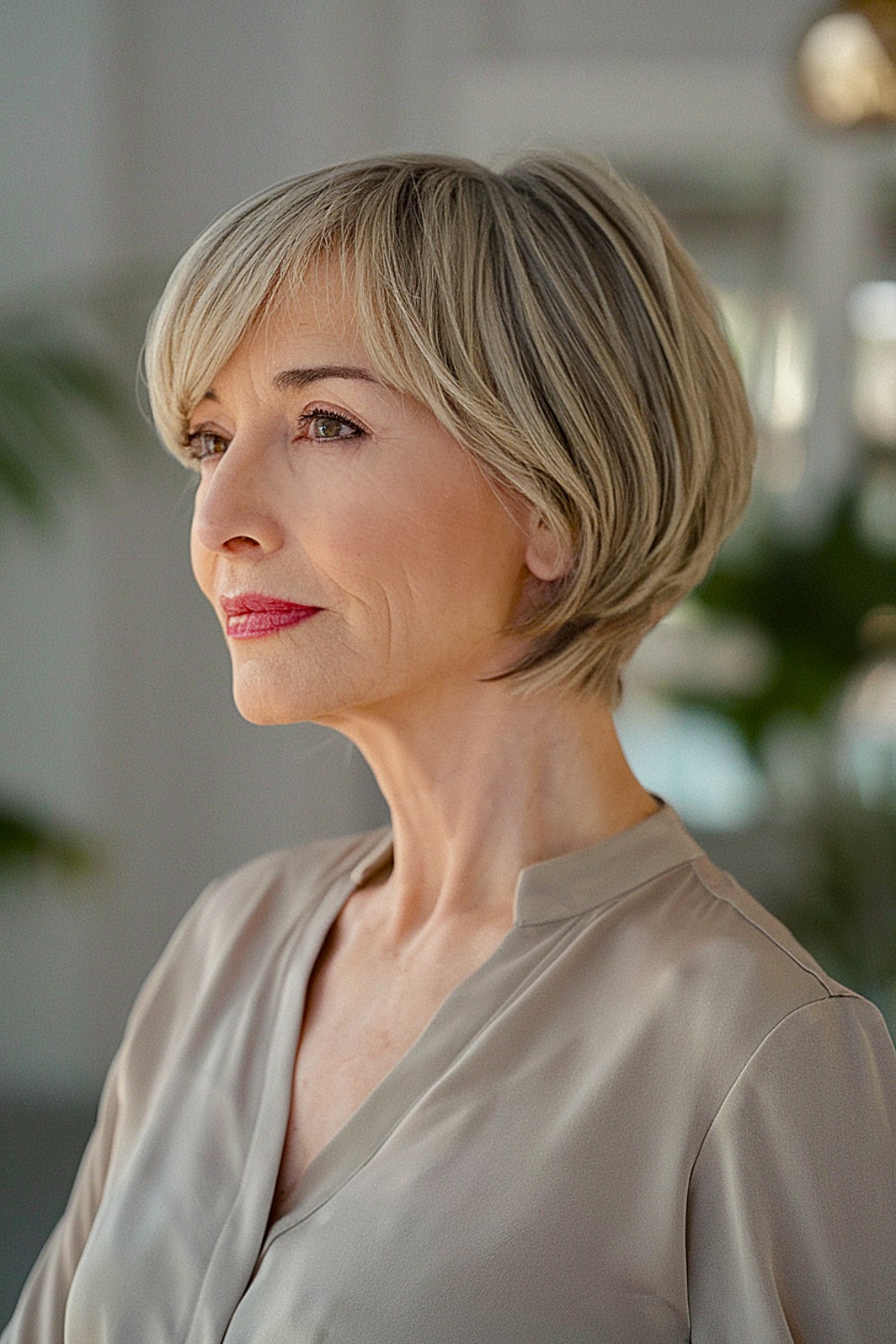 Chin-length stacked bob with side-swept bangs