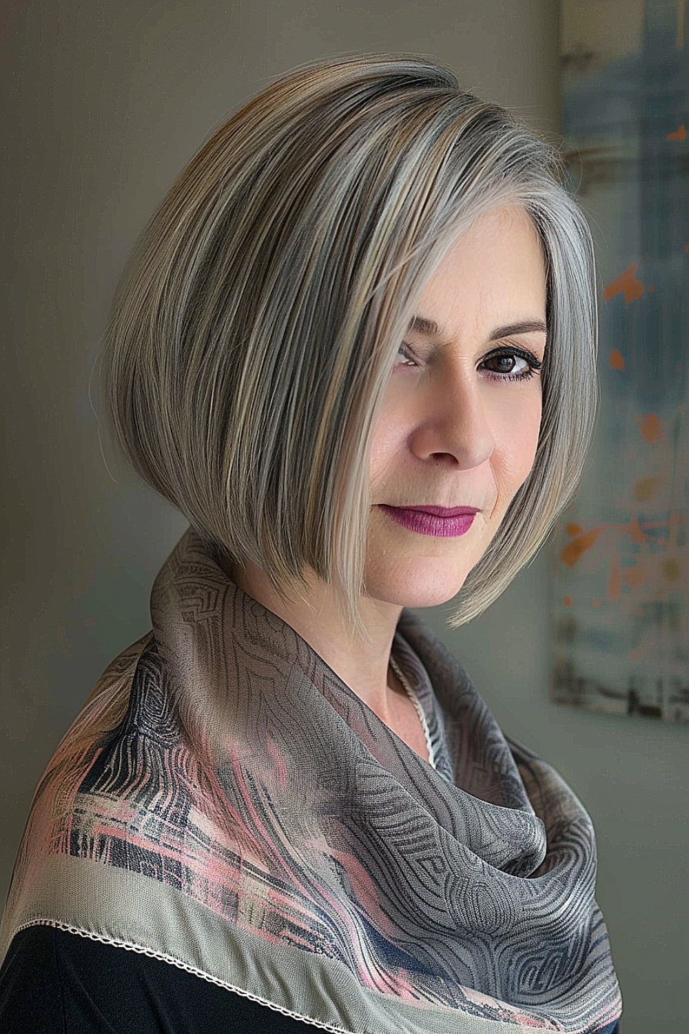Silvery-gray bob with sleek, precision-cut lines