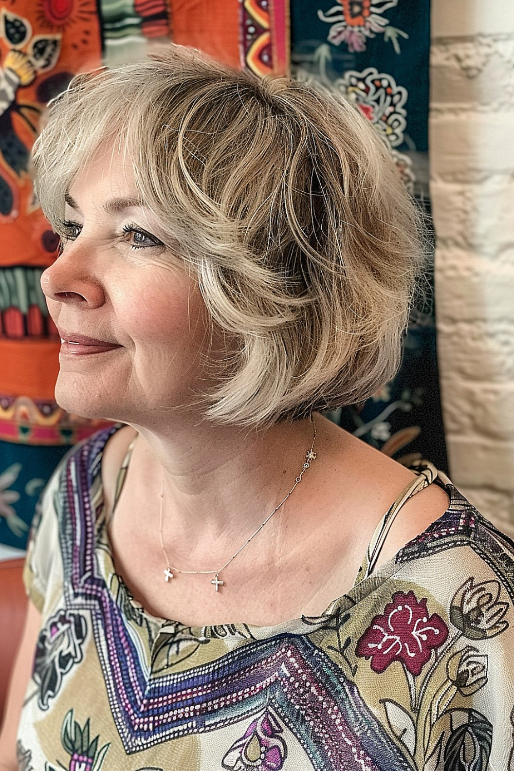 Woman with a classic layered bob haircut and light blonde highlights