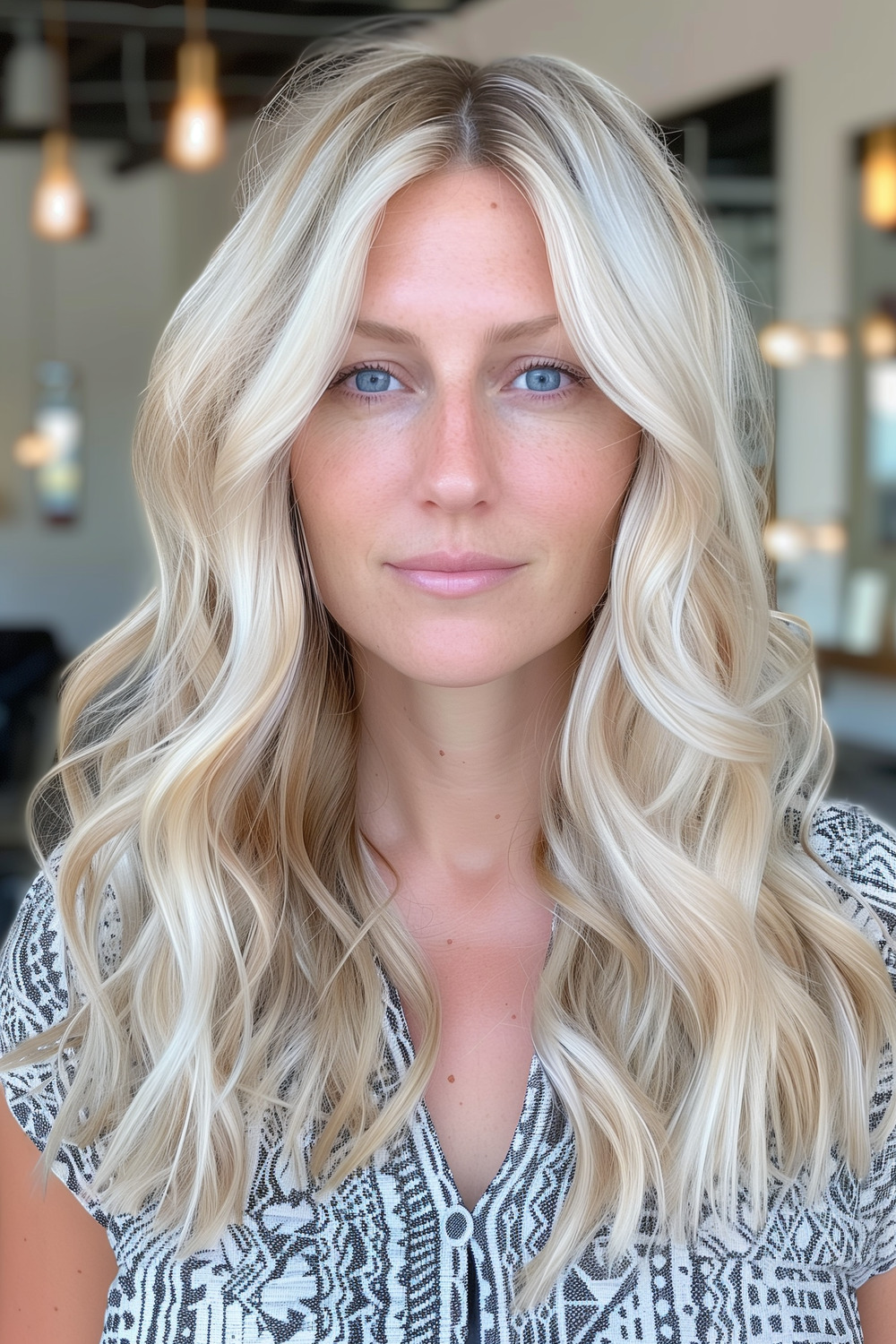 Creamy blonde with curtain bangs