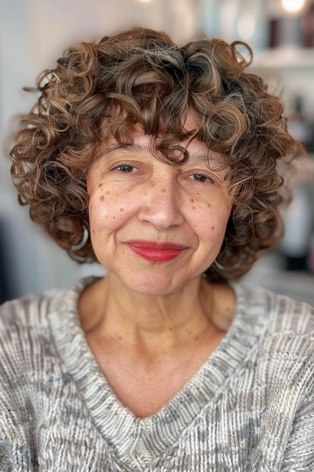 Curly bangs with voluminous curly bob for women over 60