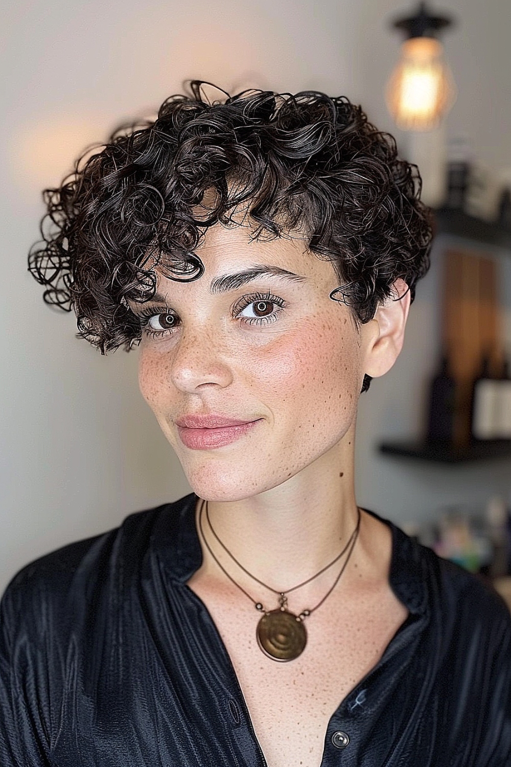 Curly pixie cut with side-swept bangs