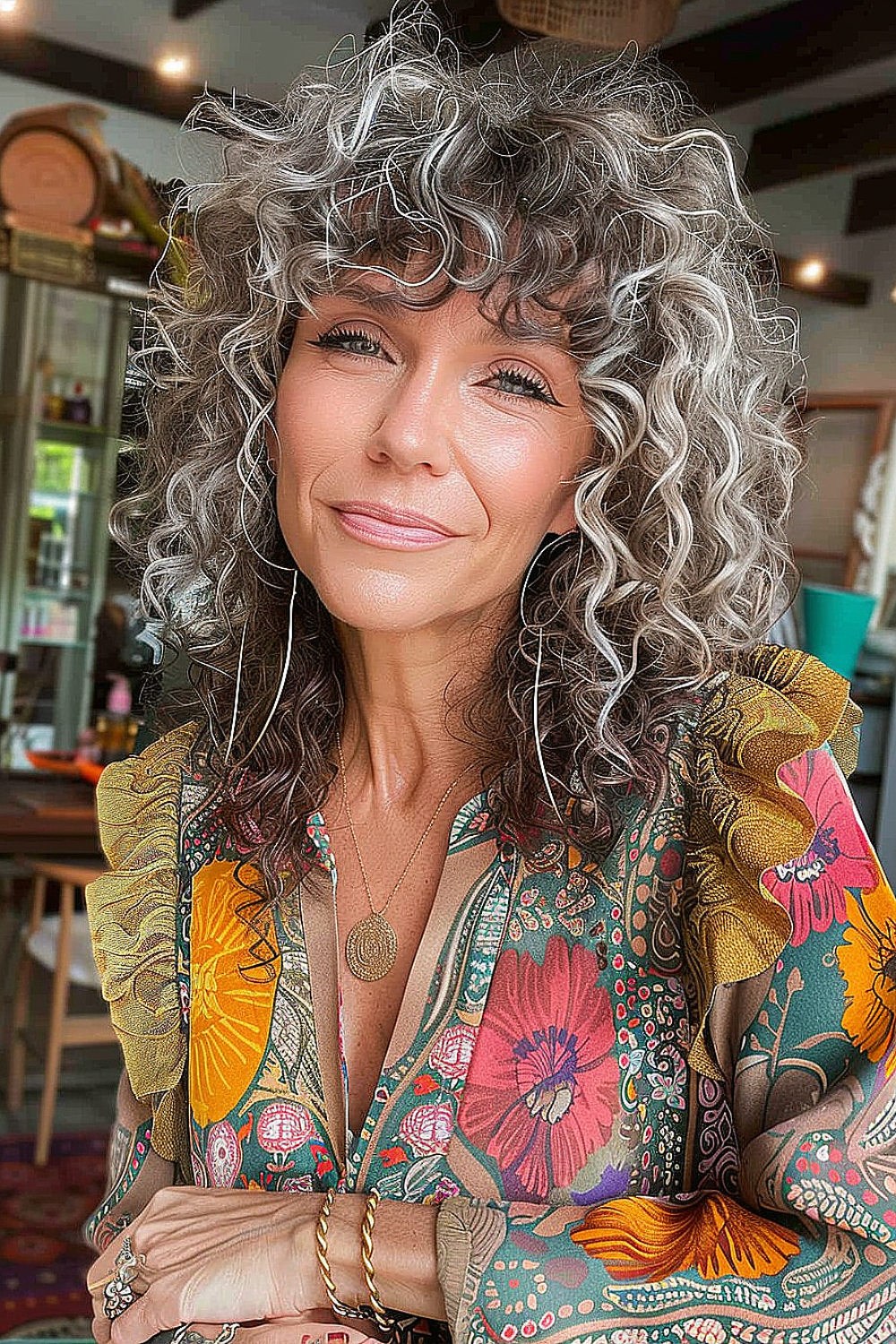 Curly shag hairstyle with bangs and enhanced volume