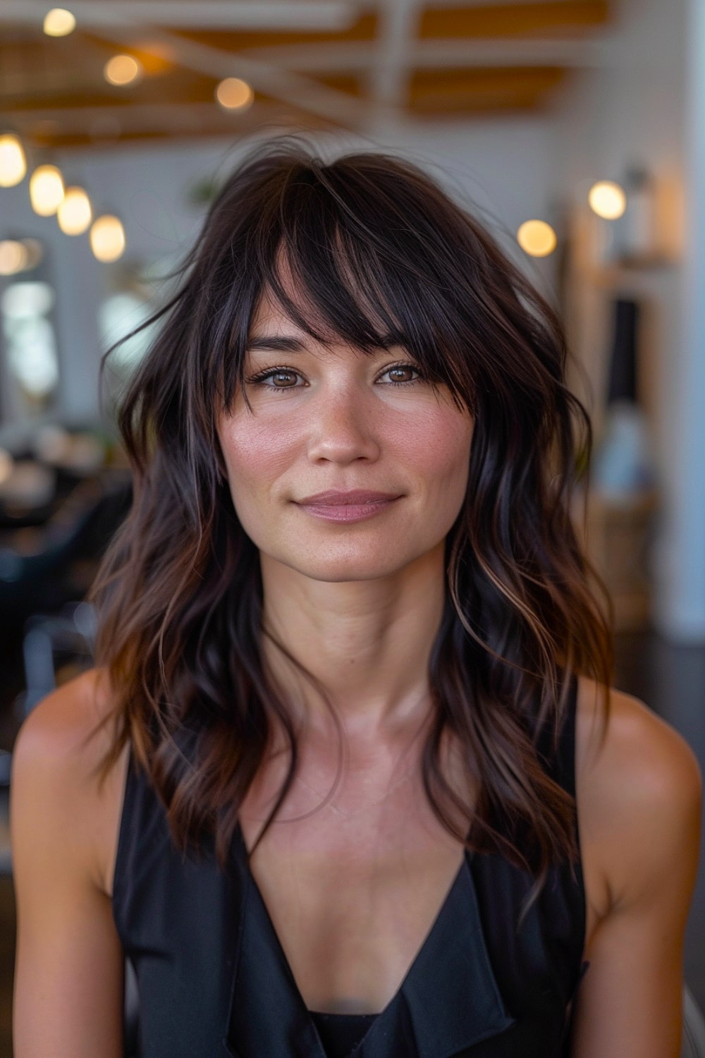 Dark brown hair with bangs and layers