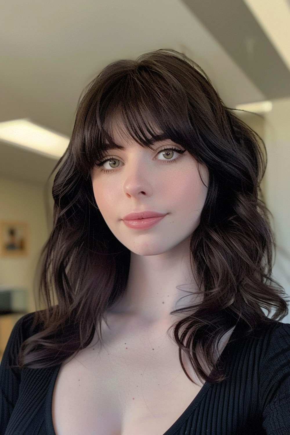 Dark brown hair with bangs for pale skin