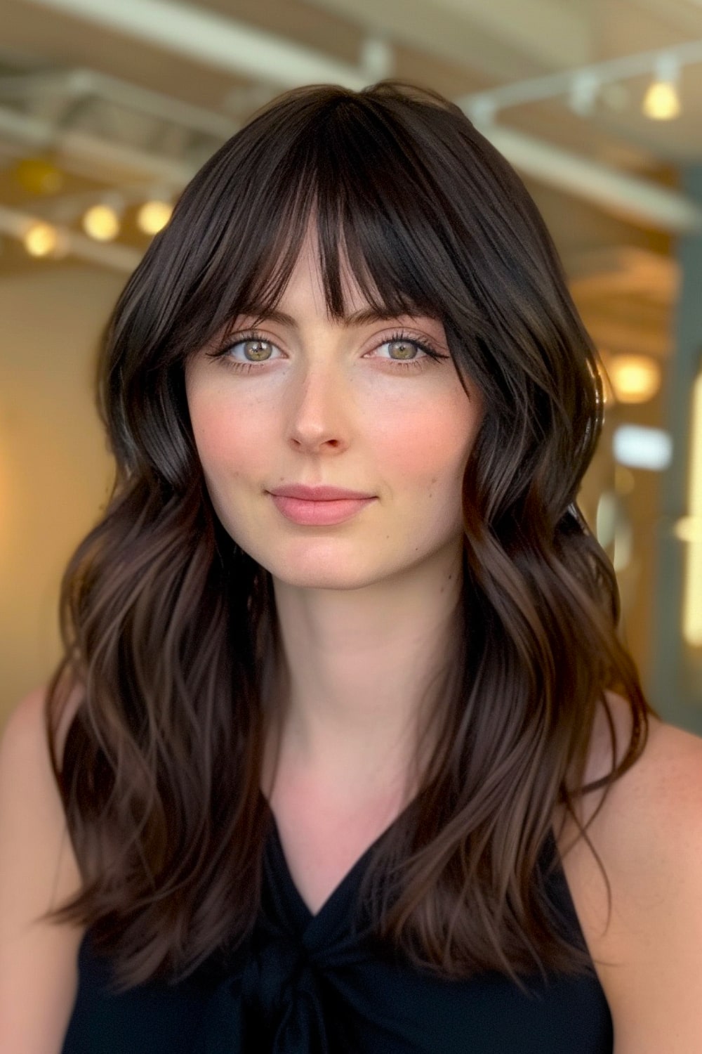 Dark brown hair with fringe