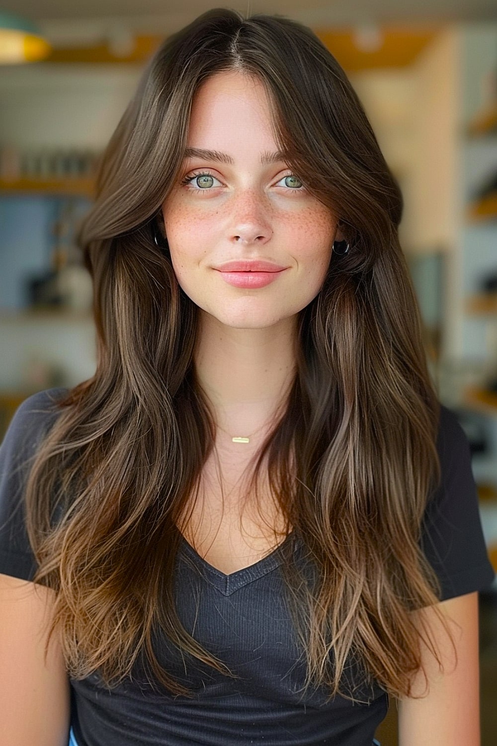 Dark brown hair with long layers and curtain bangs