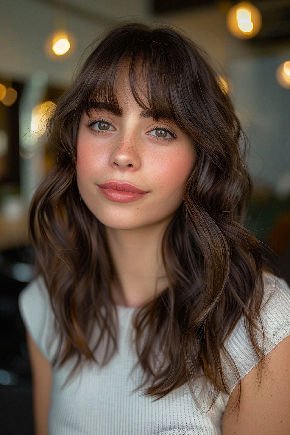 Dark brown wavy hair with bangs