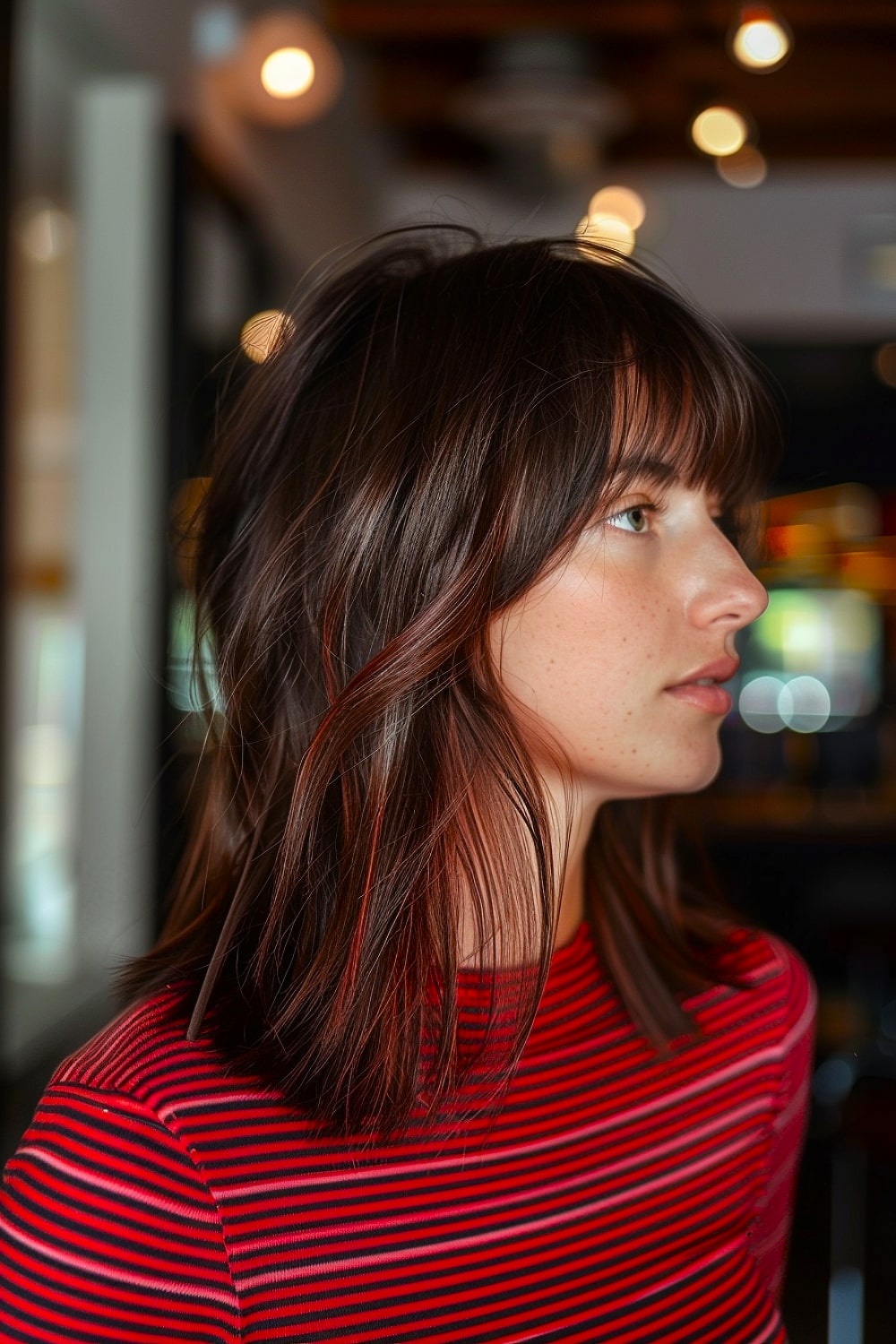 Dark red highlights in brown hair with bangs
