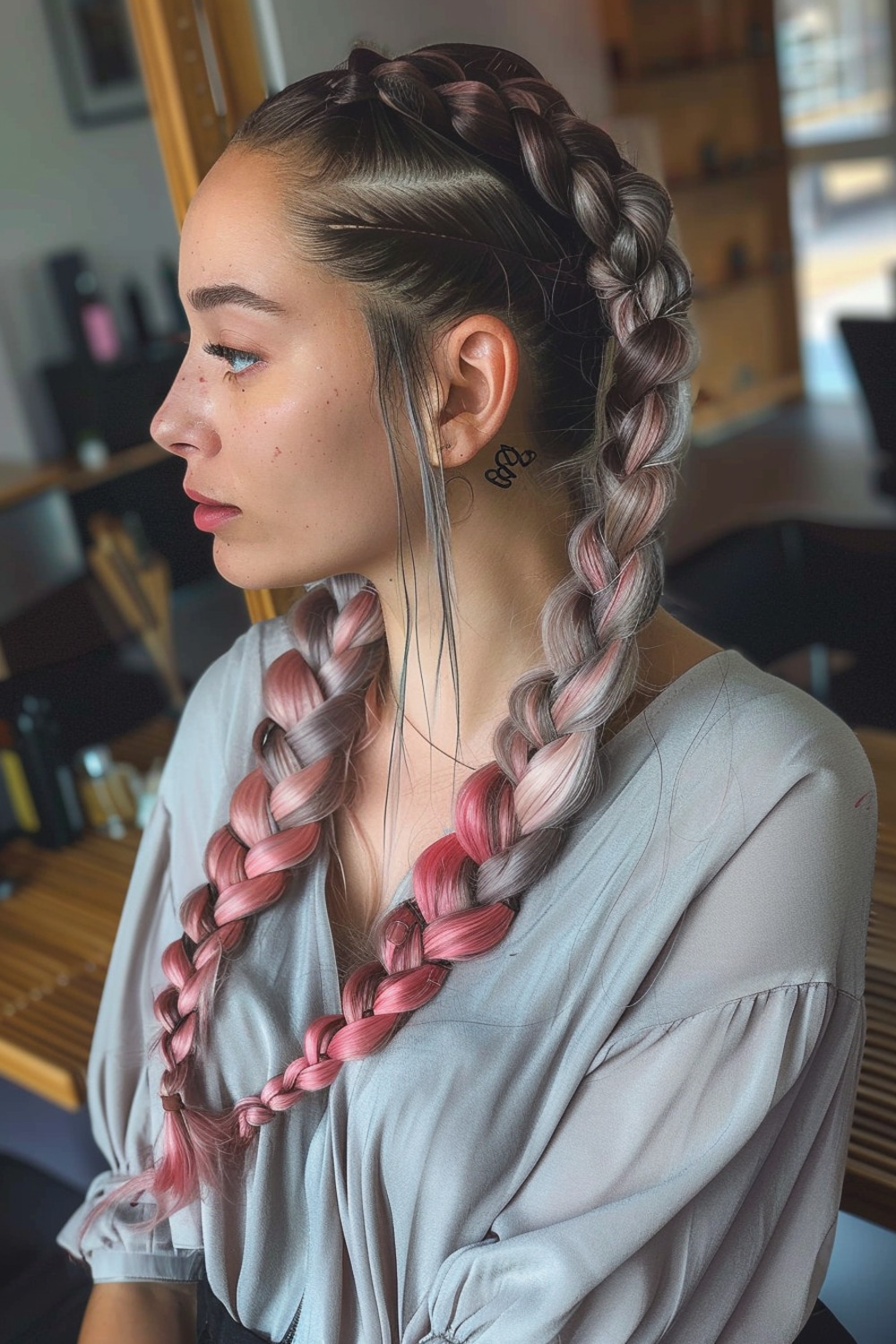 Double dutch braids with pink tips