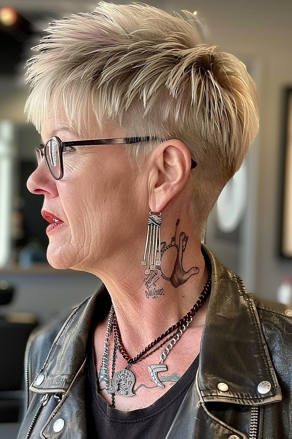 Dynamic razored pixie cut with sharp, textured layers for an edgy look
