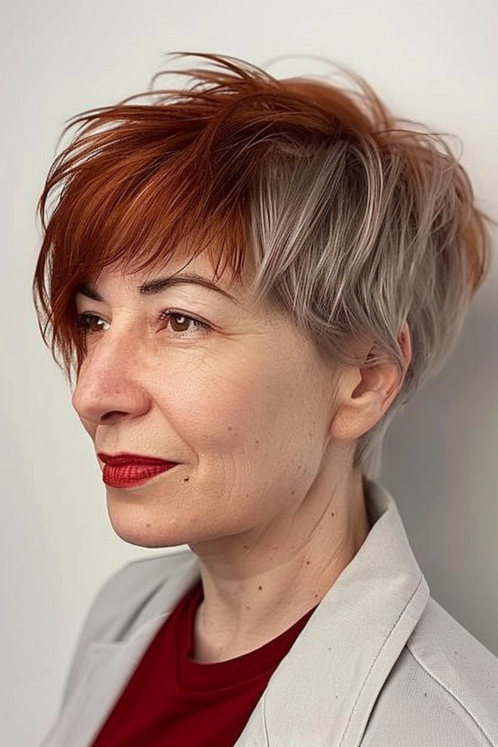 Feathered bangs with short textured crop for women over 50