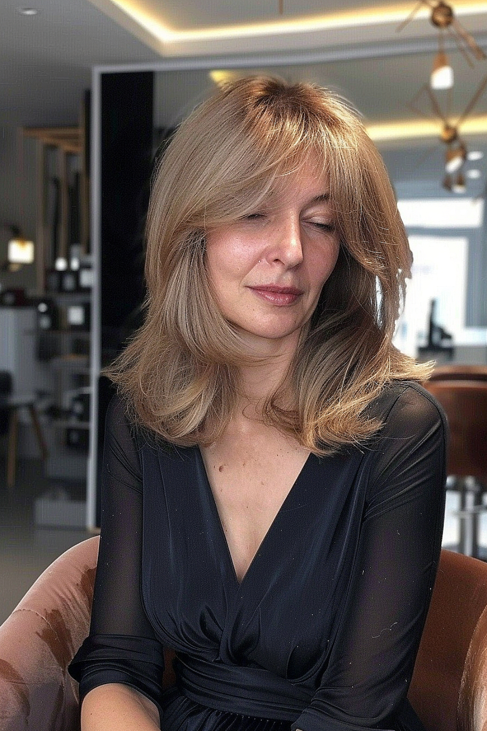 Feathered mid-length haircut with curtain bangs