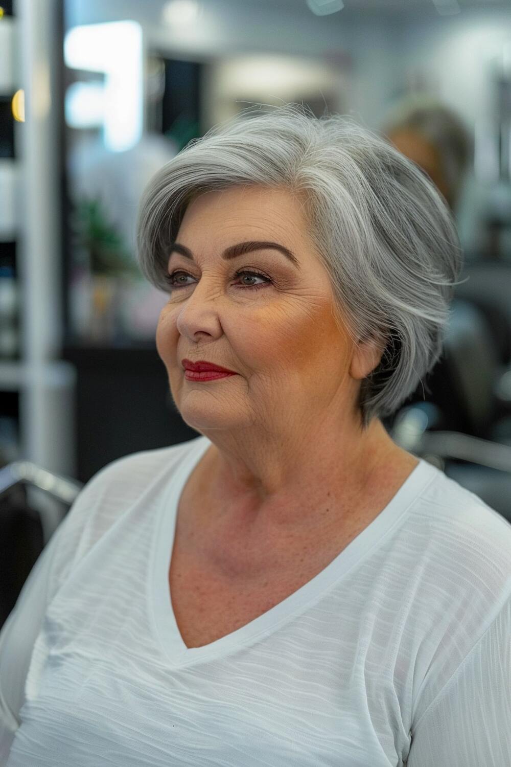 Hairstyle for women over 60 with double chin