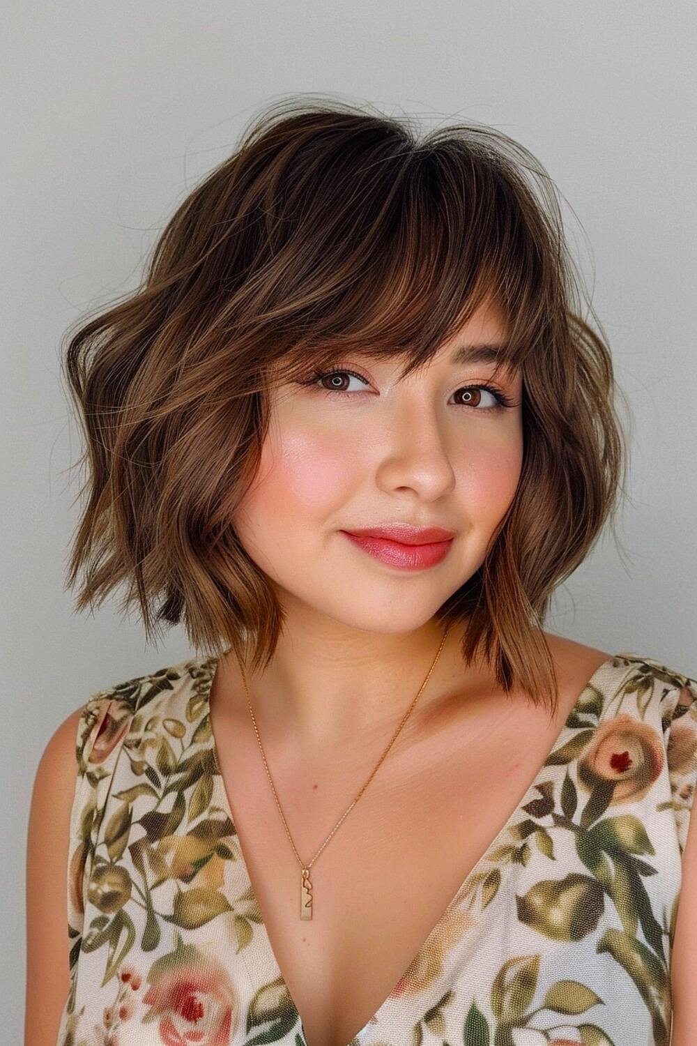 Layered short hair for round faces