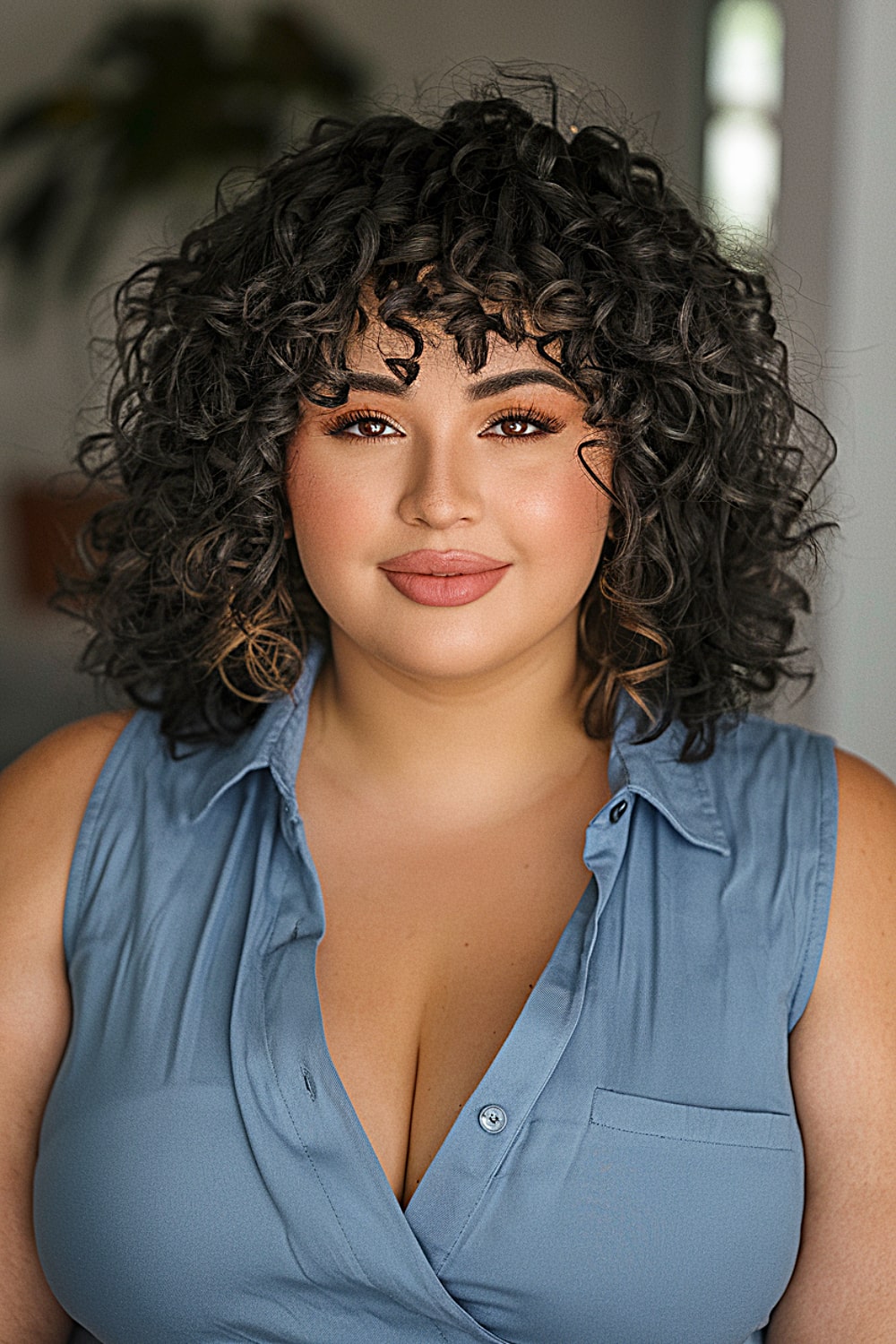 Shaggy curly hair for round faces