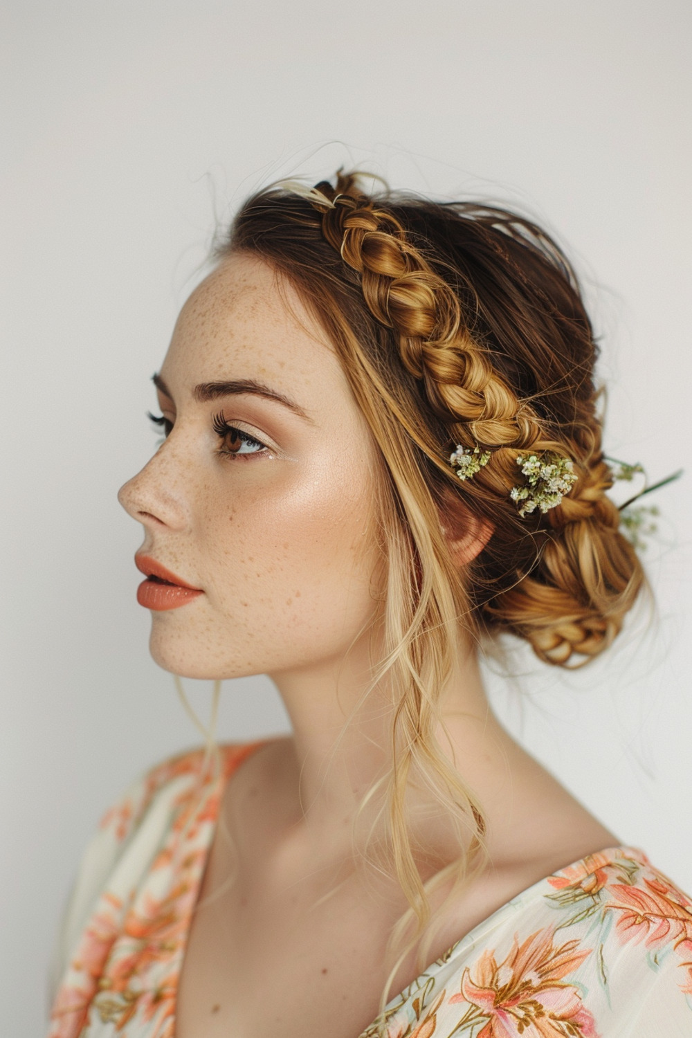 French braid updo with floral accents