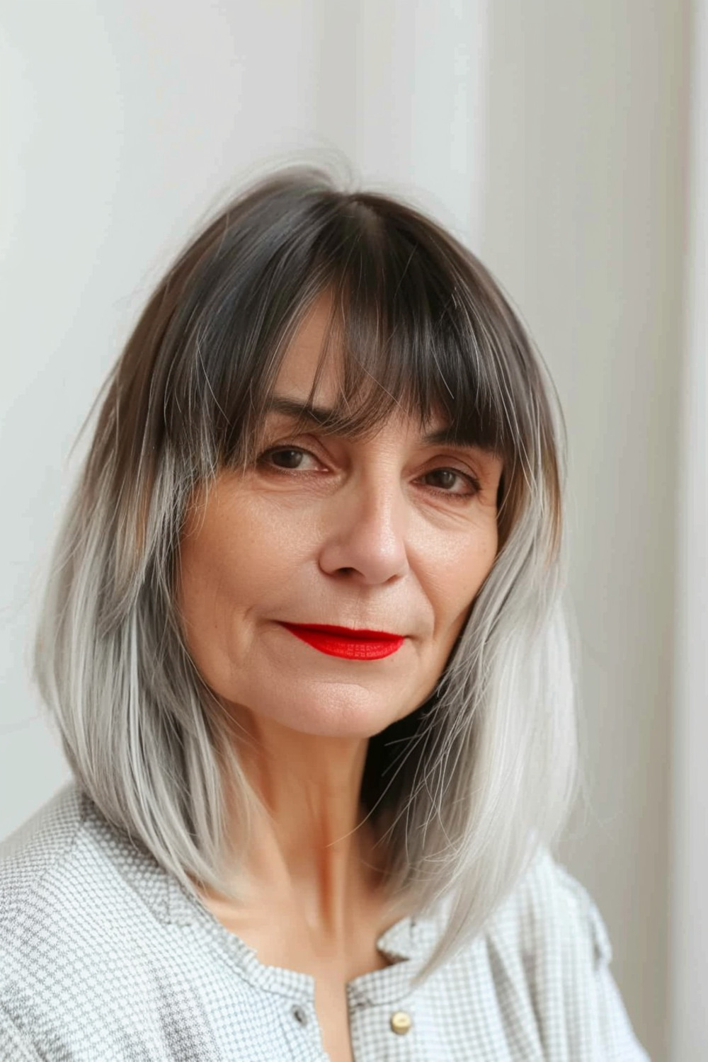 Layered bangs with asymmetrical lob for women over 60