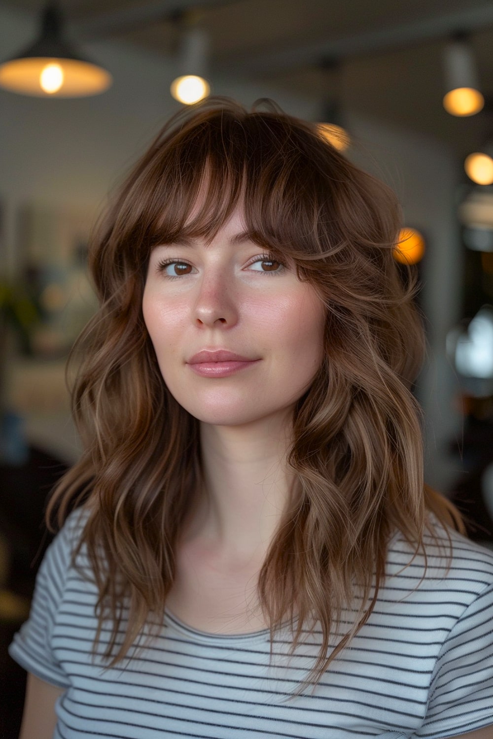 Dark brown layered hair with bangs