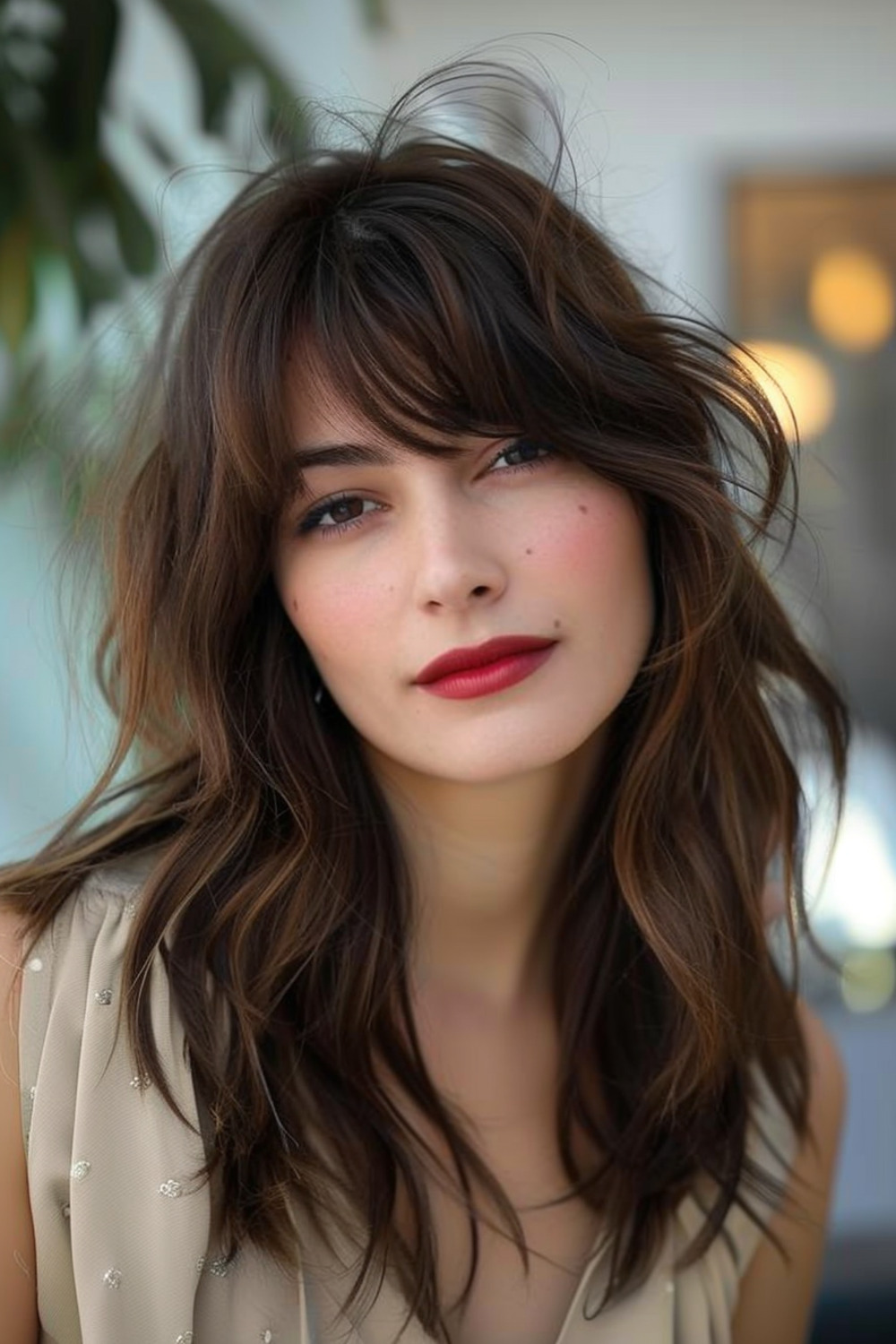 Layered hair with side swept bangs