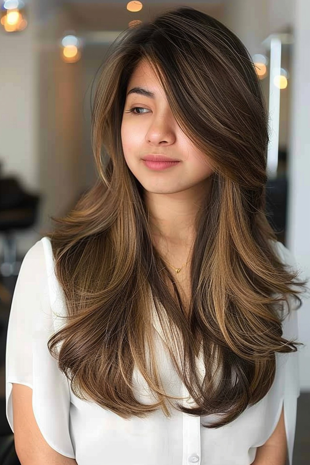 Layered long hair with side-swept bangs