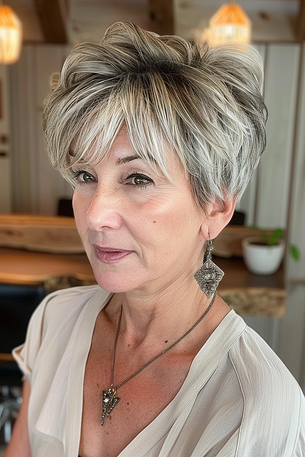 Woman with a layered pixie cut and wispy bangs