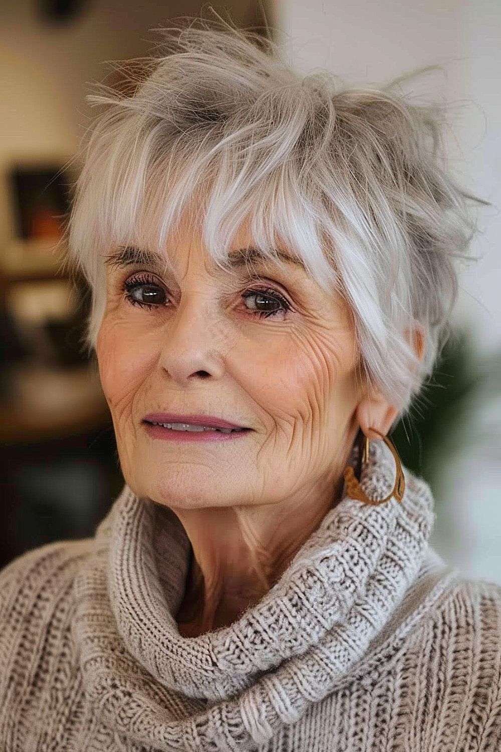 Layered pixie with bangs for women over 70