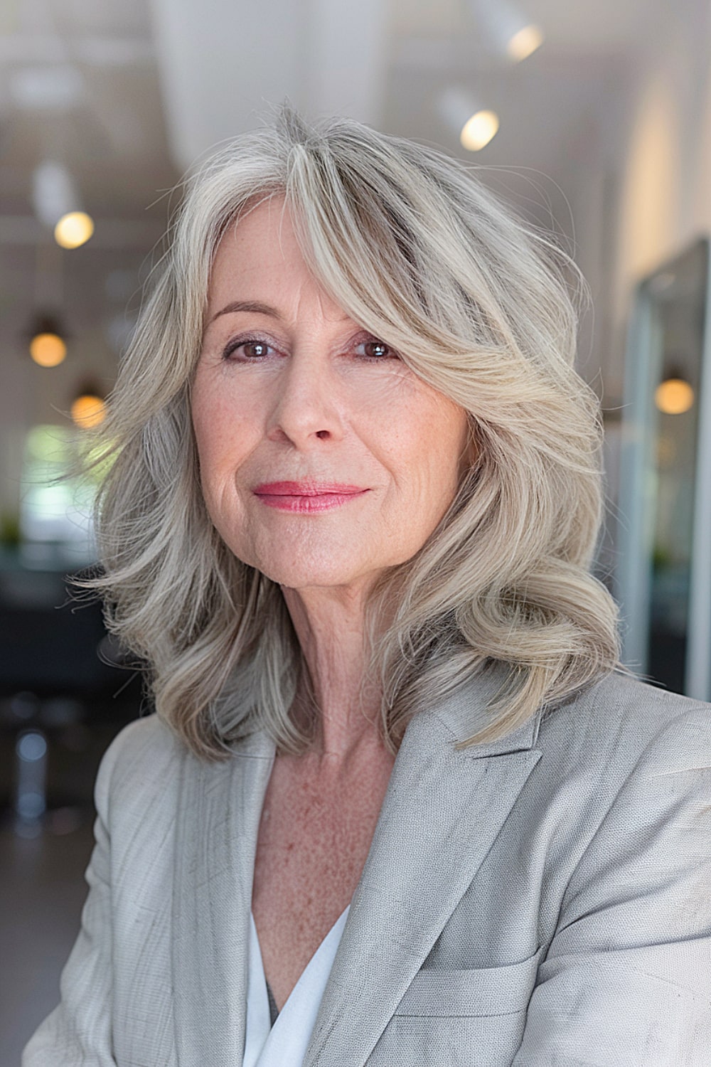 Layered shoulder-length cut with a side part for women over 60