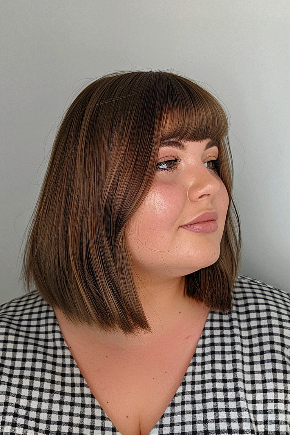 Long bob with bangs for round faces
