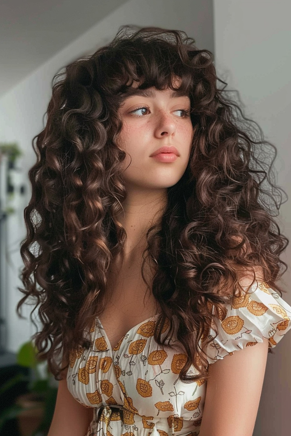 Long coily hair with bangs