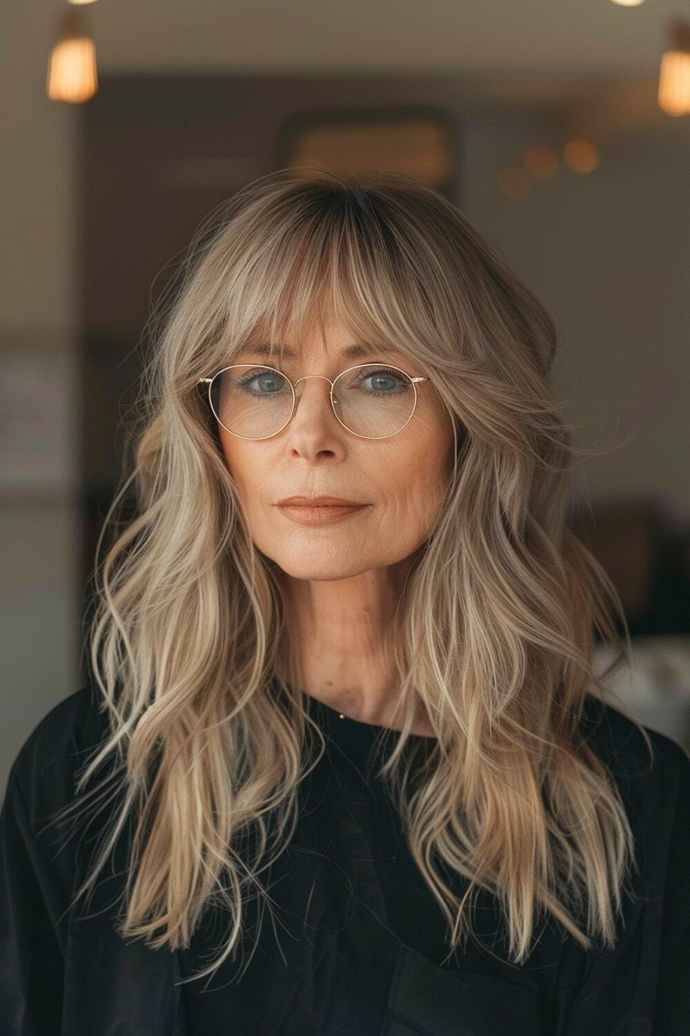 Long haircut with bangs and glasses